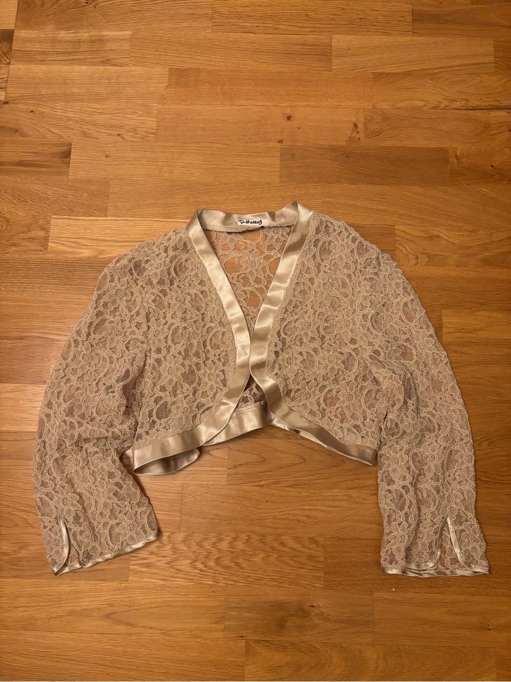 Neutral Lace Bolero Shrug with Satin Trim
